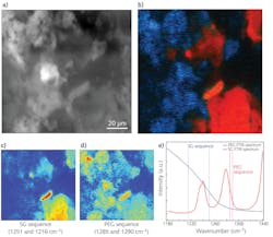 FIGURE 2. F-PTIR microscopy of a mixture of R6G-associated silica gel (SG) and PEG particles: Epi-fluorescence image (a); chemical image of SG in red (b) and PEG in blue; raw F-PTIR images collected off- and on-resonance wavenumbers for PEG (c and d); and FTIR spectra (e). FIGURE 2. F-PTIR microscopy of a mixture of R6G-associated silica gel (SG) and PEG particles: Epi-fluorescence image (a); chemical image of SG in red (b) and PEG in blue; raw F-PTIR images collected off- and on-resonance wavenumbers for PEG (c and d); and FTIR spectra (e).
