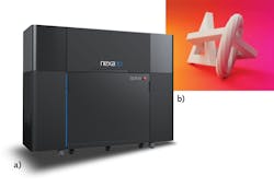 FIGURE 6. The QLS 350 laser system (a) facilitates continuous part production of a wide range of non-metal materials using precision laser sintering (b).