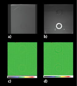 FIGURE 2. Actual layer-by-layer build photographs inside a Velo3D Sapphire metal additive manufacturing system&mdash;powder bed after recoating (a) and powder bed after lasing (b)&mdash;are shown. Individual-layer Height Mapper software images show powder bed after recoating (c), ensuring uniform surface for lasing, and powder bed after lasing (d), providing observation of part performance and a safe environment for next recoat.