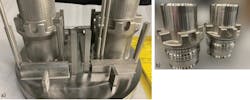 FIGURE 3. Two choke valves shown on the build plate after being 3D-printed (a) and after finishing (b). FIGURE 3. Two choke valves shown on the build plate after being 3D-printed (a) and after finishing (b).