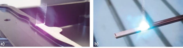 FIGURE 3. Laser paint stripping allows the cathodic dip coating of a battery tray to be removed gently (a); in addition to battery housings, copper wire can also be de-coated residue-free, which is needed above all in stator production for electric motors (b).