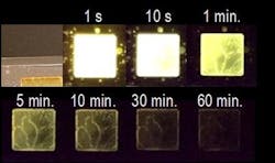 FIGURE 2. By tweaking the emission mechanism and the molecules used, researchers improved the performance of organic glow-in-the-dark materials by tenfold. The resulting emissions lasted for over one hour in air at room temperature.