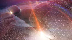 Artistic rendering of the nanoparticle-in-groove plasmonic cavities. Molecules cover the gold film and are sandwiched between the groove and the 150 nm large nanoparticle. The IR signal of interest comes from below the substrate, while the pump laser providing energy for upconversion comes from the top. Both are focused by the cavity onto the molecules and interact with their internal vibrations to generate an upconverted copy of the IR signal at visible frequencies (bright spot).