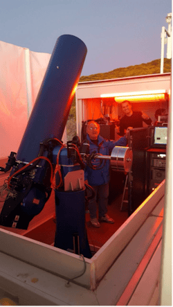 Domenico Bonaccini Calia (front) and Felipe Pedreros Bustos with the laser-launch telescope at La Palma Domenico Bonaccini Calia (front) and Felipe Pedreros Bustos with the laser-launch telescope at La Palma