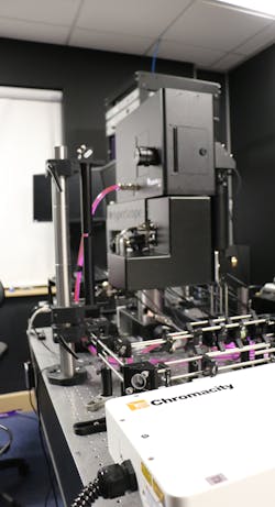 FIGURE 1. A ytterbium fiber-based laser integrated with a multiphoton imaging setup creates a spatial light modulator system capable of interrogating larger neural networks at a higher resolution. FIGURE 1. A ytterbium fiber-based laser integrated with a multiphoton imaging setup creates a spatial light modulator system capable of interrogating larger neural networks at a higher resolution.