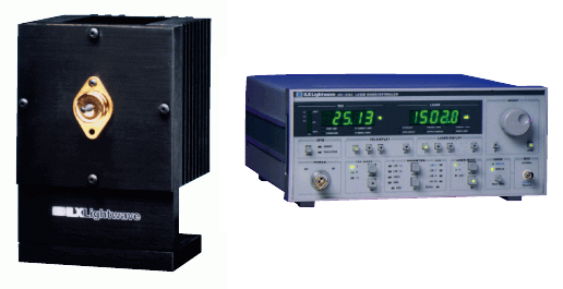 FIGURE 1. Diode-laser mount (left) dissipates excess heat, which helps maintain laser wavelength stability. Typical controller electronics (right) regulate current, provide start-up surge protection, and shield against noise that can also affect wavelength.