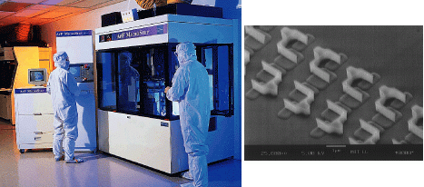 A small-field 193-nm stepper provides photoresist researchers with a development and test tool (left); SVG Lithography system produced this pattern of 0.2 &micro;m features in silylation resist (right; image courtesy of MITLL; used by permission).