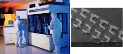 A small-field 193-nm stepper provides photoresist researchers with a development and test tool (left); SVG Lithography system produced this pattern of 0.2 µm features in silylation resist (right; image courtesy of MITLL; used by permission). A small-field 193-nm stepper provides photoresist researchers with a development and test tool (left); SVG Lithography system produced this pattern of 0.2 µm features in silylation resist (right; image courtesy of MITLL; used by permission).