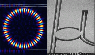 False-color computer model shows the 'whispering gallery' modes in the disk that propagate from the waveguide through the disk into another adjacent waveguide (left; simulation by Susan C. Hagness and Allen Taflove of Northwestern University). A scanning-electron-microscope image of the actual device with a waveguide-coupled 10.5-&micro;m-diameter disk shows the 0.1-&micro;m spacing, 0.5-&micro;m-wide waveguides, and deep etch depths of the device (right).