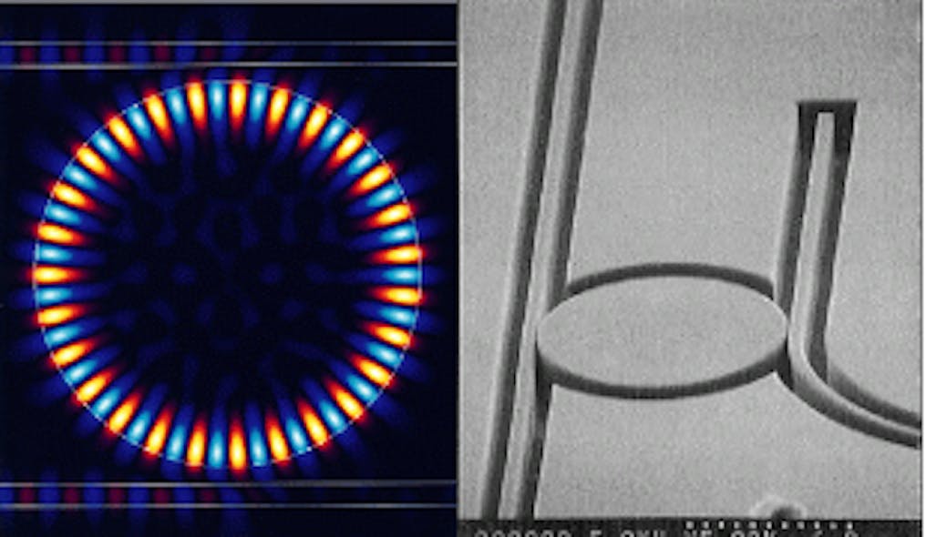 False-color computer model shows the &apos;whispering gallery&apos; modes in the disk that propagate from the waveguide through the disk into another adjacent waveguide (left; simulation by Susan C. Hagness and Allen Taflove of Northwestern University). A scanning-electron-microscope image of the actual device with a waveguide-coupled 10.5-&micro;m-diameter disk shows the 0.1-&micro;m spacing, 0.5-&micro;m-wide waveguides, and deep etch depths of the device (right).