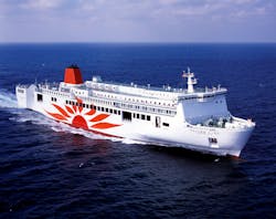 FIGURE 1. In a successful test of an intelligent awareness and machine learning system on the 4458 t. dwt Ro-Ro Ferry “Sunflower Gold” of Mitsui OSK Ltd. (MOL) sensors included the OPAL laser radar. The ship operates between Kobe and Oita in Japan, in the very congested waters of the strait of Kurishima, where small fishing vessels and nets complicate navigation especially at night. FIGURE 1. In a successful test of an intelligent awareness and machine learning system on the 4458 t. dwt Ro-Ro Ferry “Sunflower Gold” of Mitsui OSK Ltd. (MOL) sensors included the OPAL laser radar. The ship operates between Kobe and Oita in Japan, in the very congested waters of the strait of Kurishima, where small fishing vessels and nets complicate navigation especially at night.