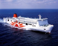 FIGURE 1. In a successful test of an intelligent awareness and machine learning system on the 4458 t. dwt Ro-Ro Ferry “Sunflower Gold” of Mitsui OSK Ltd. (MOL) sensors included the OPAL laser radar. The ship operates between Kobe and Oita in Japan, in the very congested waters of the strait of Kurishima, where small fishing vessels and nets complicate navigation especially at night. FIGURE 1. In a successful test of an intelligent awareness and machine learning system on the 4458 t. dwt Ro-Ro Ferry “Sunflower Gold” of Mitsui OSK Ltd. (MOL) sensors included the OPAL laser radar. The ship operates between Kobe and Oita in Japan, in the very congested waters of the strait of Kurishima, where small fishing vessels and nets complicate navigation especially at night.