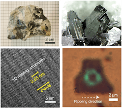Figure shows a photo of lengenbachite mineral rock and the zoomed-in view of one crystal cluster with several blade-like crystal plates, together with a transmission electron microscopy image displaying the 1D rippling structures and the generated nonlinear green-color imaging of a near-infrared optical vector beam.