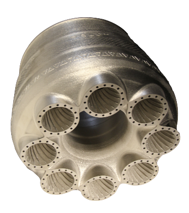 A combuster liner 3D-printed out of the powdered, nickel-based superalloy Amperprint 0233 Haynes 282 on a Velo3D Sapphire laser powder-bed fusion system.