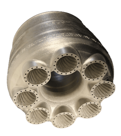 A combuster liner 3D-printed out of the powdered, nickel-based superalloy Amperprint 0233 Haynes 282 on a Velo3D Sapphire laser powder-bed fusion system. A combuster liner 3D-printed out of the powdered, nickel-based superalloy Amperprint 0233 Haynes 282 on a Velo3D Sapphire laser powder-bed fusion system.