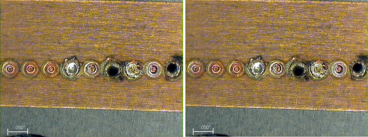 FIGURE 1. Typical spot welds on bare copper using a 1064nm (left) and 532nm (right) pulsed Nd:YAG laser.