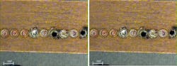 FIGURE 1. Typical spot welds on bare copper using a 1064nm (left) and 532nm (right) pulsed Nd:YAG laser. FIGURE 1. Typical spot welds on bare copper using a 1064nm (left) and 532nm (right) pulsed Nd:YAG laser.