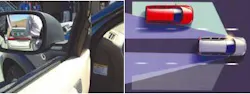A blind-spot information system (BLIS) developed by Volvo for its 2005 models uses a CMOS ­imaging-array camera mounted in a chrome ­viewing port below each sideview mirror (left). The system controller lights a triangular LED lamp (seen on the window frame to the right of the ­mirror) to signal the driver when a vehicle is in the blind spot area to the rear and side. The ­system will cover 30‑ × 10-ft blind spots on either side and to the rear of the car (right).