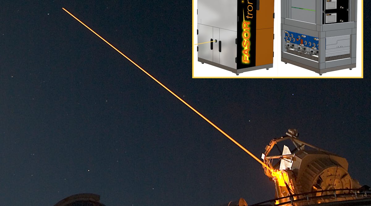 FIGURE 1. The 50 W FASOR beam from the Starfire Optical Range 3.5 m telescope creates a guidestar in the mesospheric sodium layer on Apr. 26, 2005. The FASORtronics commercial design (inset) with and without the enclosure panels shows the single-frequency IR laser modules and the sum-frequency generator.