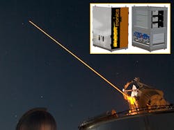 FIGURE 1. The 50 W FASOR beam from the Starfire Optical Range 3.5 m telescope creates a guidestar in the mesospheric sodium layer on Apr. 26, 2005. The FASORtronics commercial design (inset) with and without the enclosure panels shows the single-frequency IR laser modules and the sum-frequency generator. FIGURE 1. The 50 W FASOR beam from the Starfire Optical Range 3.5 m telescope creates a guidestar in the mesospheric sodium layer on Apr. 26, 2005. The FASORtronics commercial design (inset) with and without the enclosure panels shows the single-frequency IR laser modules and the sum-frequency generator.