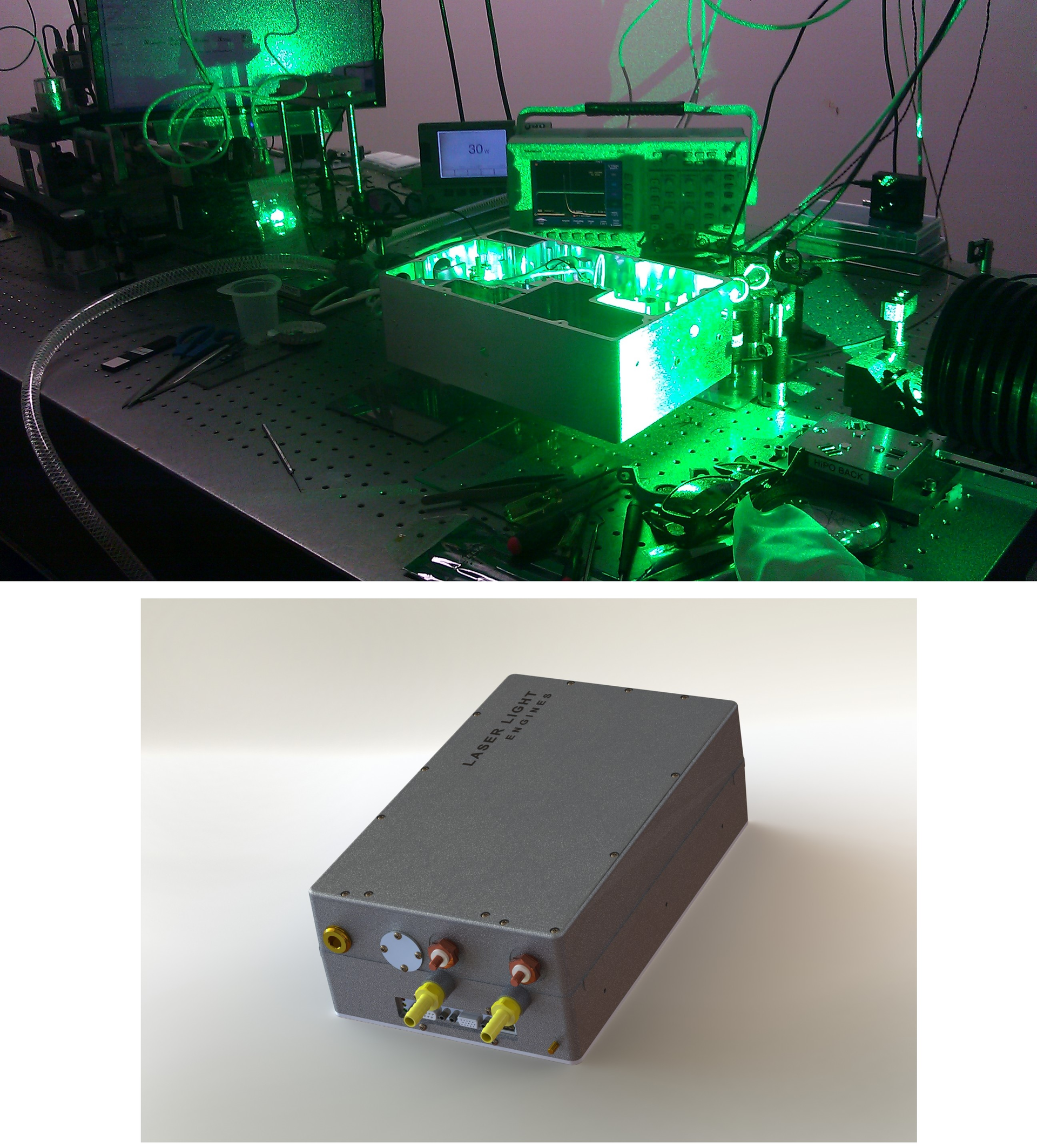 FIGURE 1. A green color module operates in a laser lab (top). A standard color-module package is shown below.