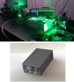 FIGURE 1. A green color module operates in a laser lab (top). A standard color-module package is shown below. FIGURE 1. A green color module operates in a laser lab (top). A standard color-module package is shown below.