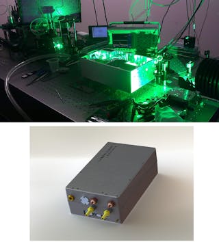 FIGURE 1. A green color module operates in a laser lab (top). A standard color-module package is shown below.