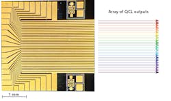 FIGURE 1. Microscope image of Pendar&rsquo;s 32-element monolithic QCL array.