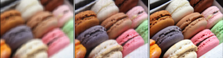 The blurred image on the left shows how a farsighted person would see a computer screen without corrective lenses. In the middle is how that same person would perceive the picture using a display that compensates for visual impairments. The picture on the right is a computer simulation of the best picture quality possible using the new prototype display. The images were taken by a DSLR camera set to simulate hyperopic vision.