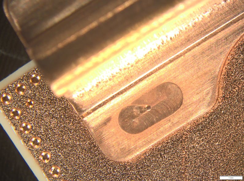 FIGURE 4. An example of a copper contact on DBC plate, welded with the TruDisk 1020 continuous-wave green laser at 0.1 s, is shown.