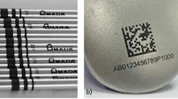 FIGURE 1. Examples of banding (a) and Data Matrix (b) black, corrosion-resistant marks on stainless steel.