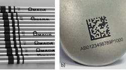 FIGURE 1. Examples of banding (a) and Data Matrix (b) black, corrosion-resistant marks on stainless steel.
