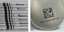 FIGURE 1. Examples of banding (a) and Data Matrix (b) black, corrosion-resistant marks on stainless steel. FIGURE 1. Examples of banding (a) and Data Matrix (b) black, corrosion-resistant marks on stainless steel.