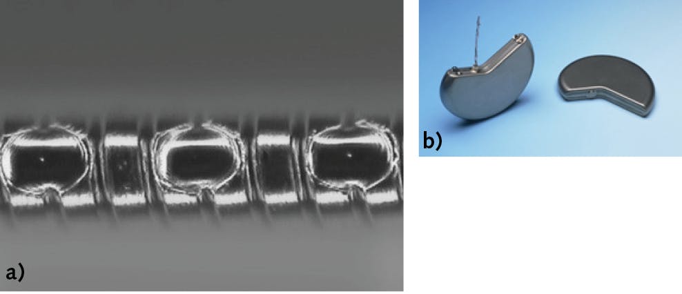 FIGURE 2. Spot weld of a medical spring (a) and seam weld of an implantable device (b).