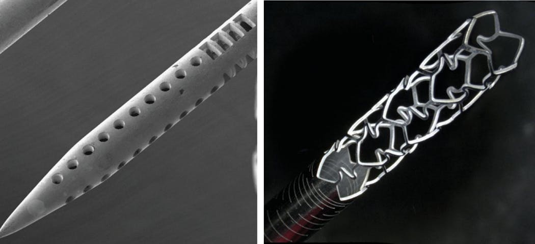FIGURE 3. A USP laser-cut stainless steel needle cannula (left) and flexible implantable stent structure (right).
