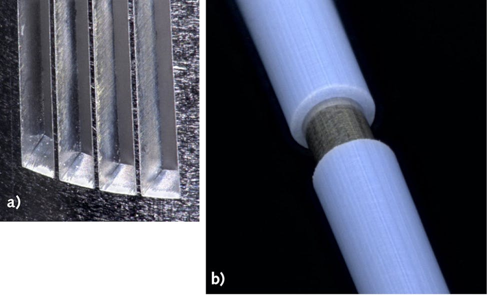 FIGURE 4. Struts machined in nickel titanium (a) and selective ablation of polymer from stainless steel tube (b).