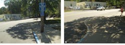 FIGURE 3. Shadows cast by leaves covered a light-colored curb, hiding them from drivers in the street (a); pedestrians had a better view from the sidewalk (b).