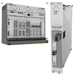 FIGURE 3. ADVA’s FSP 3000 networking family of devices based on wavelength-division multiplexing technology (a) and the PQC-enabled 100 Gbit/s module (b). FIGURE 3. ADVA’s FSP 3000 networking family of devices based on wavelength-division multiplexing technology (a) and the PQC-enabled 100 Gbit/s module (b).