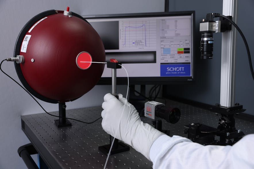 FIGURE 3. Diffuser efficiency is measured by placing the diffuser in the center of a large integrating sphere. Port opening, detector, and baffle position are necessary for reliable measurement results.