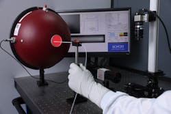 FIGURE 3. Diffuser efficiency is measured by placing the diffuser in the center of a large integrating sphere. Port opening, detector, and baffle position are necessary for reliable measurement results. FIGURE 3. Diffuser efficiency is measured by placing the diffuser in the center of a large integrating sphere. Port opening, detector, and baffle position are necessary for reliable measurement results.