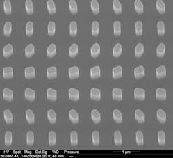 An electron microscopy image shows the nanostructure of the metasurface located at the center of the suspended silicon chip; the spacing from pillar to pillar is 835 nm, around 50 times thinner than a strand of hair.
