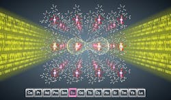 Photon-spin interface with the europium molecular crystal for entanglement of nuclear-spin qubits (arrows) with the help of photons (yellow). Photon-spin interface with the europium molecular crystal for entanglement of nuclear-spin qubits (arrows) with the help of photons (yellow).