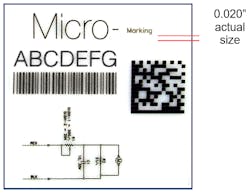 FIGURE 3. Patent pending VectorJet laser marking technology enables indelible robust machine vision codes, alphanumeric text, micro-marking 0.020 in. (0.5mm) and smaller, graphics, logos, and schematic diagrams.