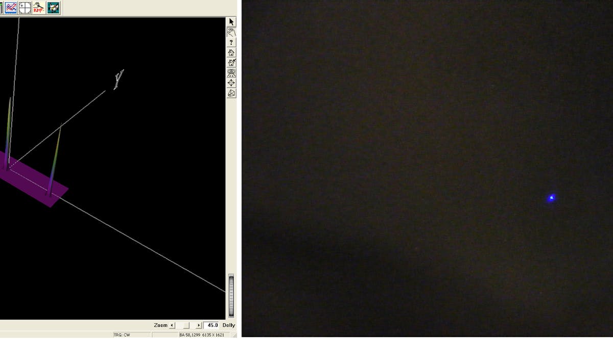 FIGURE 1. 3D beam profile image is taken directly from the output of a three-line kineFLEX-Hydra fiber delivery system. The singlemode fiber channels in this example are actively aligned so that the polarization axes are parallel with each other. These beams are intrinsically highly Gaussian and perform well with integrated beam shaping optics, such as focusing lenses or lenslet arrays. The integrated optics create a closed system that will repeatedly deliver perfectly sized and spaced spots in a flow channel or microarray. Right: Parallel, Gaussian, and multicolored beam spots are projected onto a black card from a four-line kineFLEX-Hydra.