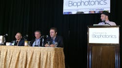 The final panel discussion at Strategies in Biophotonics, which focused on disruptive innovation and the future of biophotonics, highlighted the struggle that emerging technologies can face in addressing established standards. Left to right: Howard Shapiro, MD, Gary Tearney, MD, Ph.D., Aydogan Ozcan, Ph.D., and Dan Gareau, Ph.D. Tearney, who delivered a popular keynote at the event, will also speak at the Lasers and Photonics Marketplace Seminar on Monday, February 9, 2015, in San Francisco, CA.
