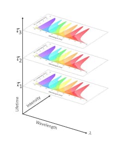 FIGURE 4. Conventional flow cytometry measurements capture fluorescence intensity over wavelength. Kinetic River’s TRFC approach opens up a whole new dimension of measurement in flow cytometry—fluorescence lifetime (vertical axis). This allows the “stacking” of fluorophore emissions, doubling or even tripling the number of markers measurable by each detector. FIGURE 4. Conventional flow cytometry measurements capture fluorescence intensity over wavelength. Kinetic River’s TRFC approach opens up a whole new dimension of measurement in flow cytometry—fluorescence lifetime (vertical axis). This allows the “stacking” of fluorophore emissions, doubling or even tripling the number of markers measurable by each detector.