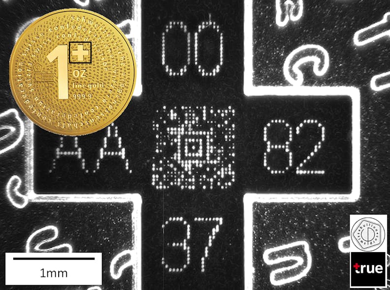 FIGURE 3. Complex micromarking realized on a gold bullion for anticounterfeiting. Marking combines alphanumerics and a special Aztec code, which shows a distribution of dots with different sizes incorporating a proprietary encryption key.