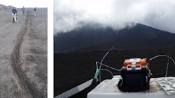 FIGURE 2. Deployment of the fiber-optic cable in the scoria layer at Etna volcano summit. FIGURE 2. Deployment of the fiber-optic cable in the scoria layer at Etna volcano summit.