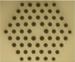 FIGURE 1. A single-mode microstructured polymer optical fiber (mPOF) has a core with a diameter of about 6 µm and a loss less than 1 dB/m at a 650 nm wavelength. FIGURE 1. A single-mode microstructured polymer optical fiber (mPOF) has a core with a diameter of about 6 µm and a loss less than 1 dB/m at a 650 nm wavelength.