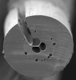 FIGURE 4. A side hole in this mPOF (cross-section) allows the fiber to be filled with fluid without interfering with end-coupling. FIGURE 4. A side hole in this mPOF (cross-section) allows the fiber to be filled with fluid without interfering with end-coupling.